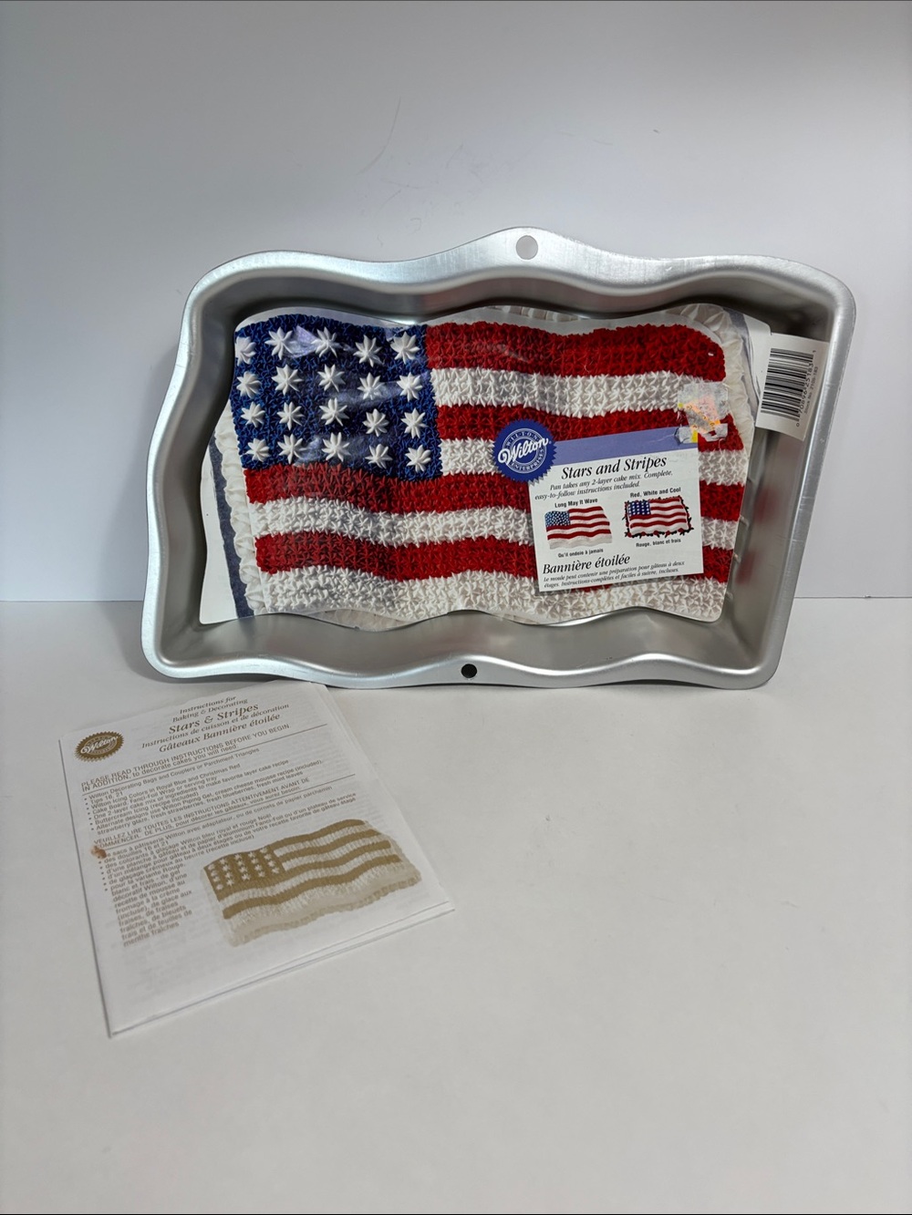 Wilton Red White Blue Flag Cake Pan with Star and stripes Pattern.